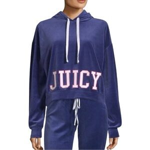 Juicy Couture Velvet Cropped Hoodie with Varsity Logo in Twilight Blue